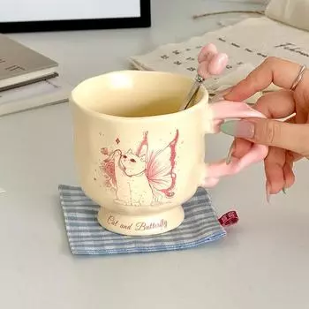 Girls with High Looking Butterfly Cat Cup Cartoon Ceramic Mug for Best Friend Couple Hand Painted Water Cup Gift 401-500ml