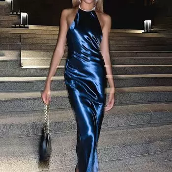 Girlsat18 Sexy Satin Dress Halterneck Blue L