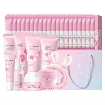 Girly Cleansing Moisturizing Set Увлажняющий подарок для женщин Очищает поры и улучшает сухую и покрасневшую кожу Очищающая щетка и повязка на голову 117 мл розовый