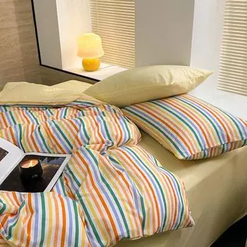 Girly Heart Sweet Washed Хлопок Допамин Радужная полоска, комплект из четырех предметов, хлопковое пододеяльник, простыня, комплект из трех предметов 1.2m bed sheet 3pcs