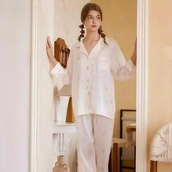 Girly Style Home Clothes Ice Silk Pajamas Women s Long Sleeve Suit Style Design Shell Button M