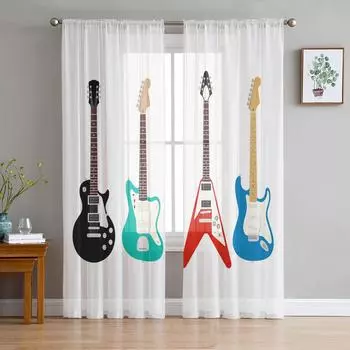 Гитара Бас Джаз Музыка Классические Белые Прозрачные Шторы для Украшения Гостиной Оконные Шторы Кухонные Тюль Вуаль Шторы W135 x H115cm x1