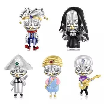 Гитара Череп мультфильм Шарм Стерлингового Серебра 925 Джентльмен Клоун Скелет Эмалированные Бусины для Женщин Браслет Ювелирные Изделия Дропшиппинг