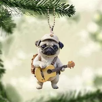 Гитара Собака Акриловые подвесные украшения для дома, комнатная рождественская елка, зеркало заднего вида автомобиля, 2D, плоский мопс, щенок, подвесное украшение, мультяшное животное, подвеска Pekingese