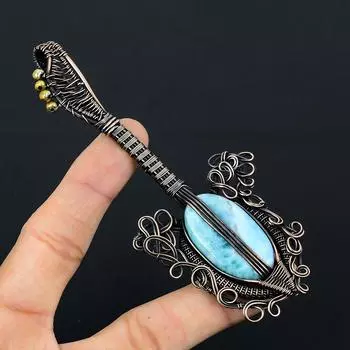 Гитара в форме ларимар драгоценный камень медная проволока обернутая ювелирная подвеска ручной работы для нее 5.11 Inches синий