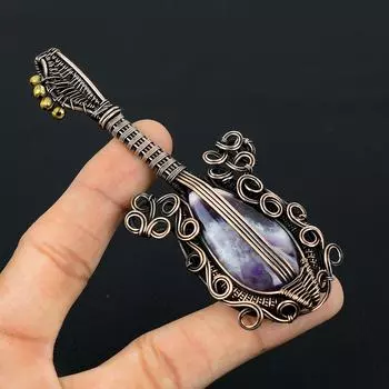 Гитара в форме мудреца аметист драгоценный камень медная проволока обернутая ювелирная подвеска ручной работы для нее 4.52 Inches фиолетовый