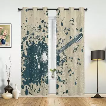 Гитарные музыкальные ноты, синие ретро оконные шторы для спальни, гостиной, украшения, современная кухонная оконная занавеска, гостиничные шторы W135 x H60cm