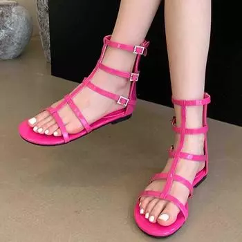 Женские сандалии GLADIATOR, летние 2024 года, блестящие, со стразами, пряжкой, обхватывающей щиколотку, плоские туфли для женщин, с молнией сзади, сандалии для женщин 35 серебряный