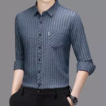 Гладкая антипиллинговая мужская рубашка из шелка Mulberry с длинными рукавами, весна и осень, новая полосатая рубашка, не требует глажки M темно-серого