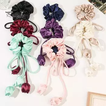 Гладкая атласная лента для волос с подвеской-тюльпаном, эластичная лента на шнурке, однотонная плиссированная большая резинка для волос, аксессуары для волос чёрный