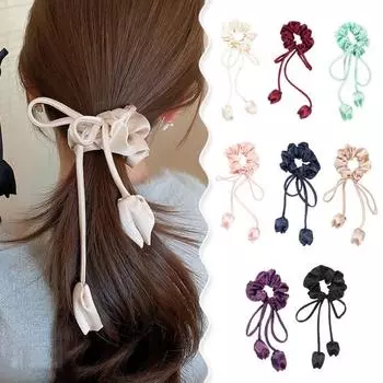 Гладкая атласная лента для волос с подвеской-тюльпаном, эластичная лента на шнурке, однотонная плиссированная большая резинка для волос, аксессуары для волос чёрный