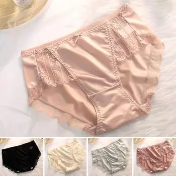 Гладкие атласные прозрачные кружевные трусы с вышивкой, сексуальные дышащие тонкие женские трусы с бантом и средней посадкой, поднимающие бедра M чёрный