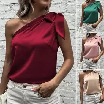 Гладкий атласный женский топ без рукавов, сексуальный пуловер на одно плечо с бантом M розовый