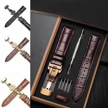 Гладкий ремешок для часов из натуральной кожи 18 мм, 20 мм, 22 мм, 24 мм, ремешки с твердой автоматической пряжкой-бабочкой, деловой ремешок для часов 18mm
