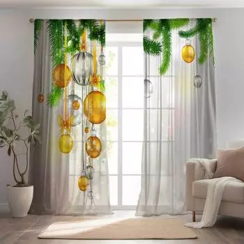 Glam Christmas Curtains Semi-Sheer Polyester Rod Pocket Drapes with Festive Holiday Print for Living Room Bedroom Window Decor 100W130H(CM)&Grommet Top