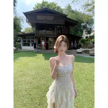 Гламурная юбка на подтяжках весна и лето талия волнистая юбка цветочное платье женщины S- (can be worn within 45kg)