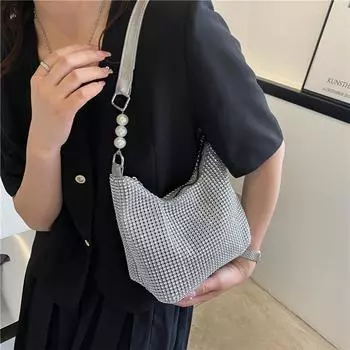 Гламурная вечерняя сумка через плечо для женщин, блестящая, со стразами, ПВХ, мягкая отделка, жемчужный ремешок, молния для вечеринок, гала-мероприятий, дамская сумочка