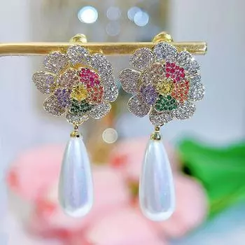 Гламурные многоцветные серьги CMM с кубическим цирконием, длинные висячие цветы с каплями воды, искусственный жемчуг, вечерние свадебные серьги для женщин золотой