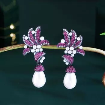 Гламурные серьги цвета фуксии красного кубического циркония CMM, длинные висячие серьги с искусственным жемчугом и листьями, вечерние свадебные серьги для женщин разноцветный