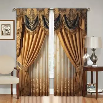 Гламурный стиль, 2-х компонентная европейская узорчатая штора для гостиной, теплоизоляционная, саржевое переплетение, светофильтрующие шторы, карман на штанге 2x50W130H(CM)40x51in&Hook