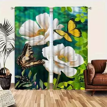 Гламурный стиль бабочка цветочный принт занавеска 2 панели полупрозрачный жаккард полиэстер карниз декоративные шторы для гостиной 100W130H(CM)40x51in&rod pocket