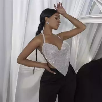 Гламурный жилет с металлической цепочкой и бретелькой через шею для женщин - европейский и американский стиль, мода для ночных клубов Large