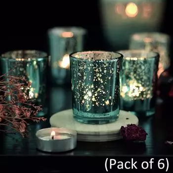 Glass Blue Mercury Votive Tealight Candle Holders for Diwali and Christmas (Pack of 6) - Home Decor Gift Item, Decoration