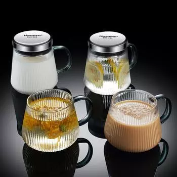 Glass cup milk cup oatmeal breakfast cup microwave heated coffee cup household tea cup with lid thickened water cup mug 301-400ml