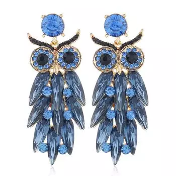 Glass Rhinestone Owl Long Earrings Retro Fashion Exaggerated Earrings One Size