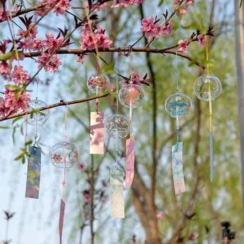 Glass Sakura Wind Chime Hanging Windbell Balcony Landscape Decoration Japanese style Home Garden Patio Hanging Ornament Gifts