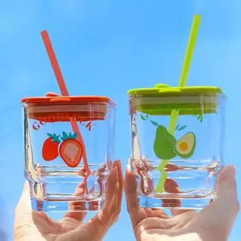 Glass Square Cup Large Capacity New Household Internet Celebrity with Lid Cup with Straw Mug Water Cup 450ML