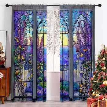 Glass Textured Wisteria Flower Curtains Red Green Blue Garden Abstract Living Room Bedroom Window Decor Curtains 2 Panels 50W130H(CM)X2PCS&Grommet Top