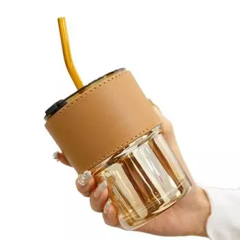 Glass Transparent 400ml Straw Drinking Cup Detachable Leather Sheath Mug Lid