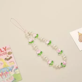 Glass Tulip Bead Phone Charm Strap Tulip Flowers Beaded Cellphone Strap Jewelry