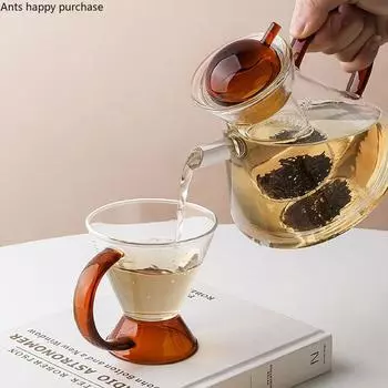 Главная Чайная утварь Чайный сервиз Янтарный прозрачный стеклянный чайник Круглый акриловый/деревянный/пластиковый поднос Термостойкий стеклянный комплект чашек и чайников