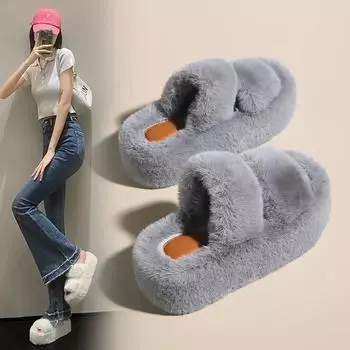 Главная Furry Fur Slides Мягкие тапочки Пушистые шлепанцы Роскошные слипоны на платформе Женские Zapato De Mujer Дизайнер 2024 35 бежевый