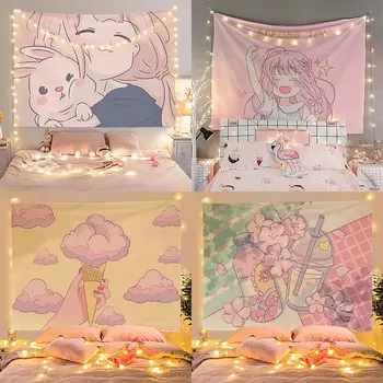 Главная Настенное украшение Гобелен Аниме Розовый Девушка Спальня Фон Офис Гостиная Гобелен 100x75cm