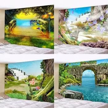 Главная Настенное украшение Гобелен Фэнтези Каменная арка Мост Пейзаж Фон Офис Гостиная Гобелен 100x75cm
