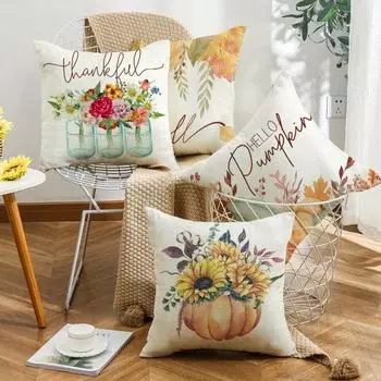 Главная Осенний урожай Подушка Чехол Тыква Кленовый лист Льняной принт Диванная подушка Не Включает Подушку Сердцевина 45*45cm