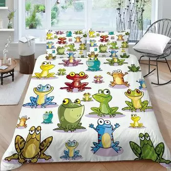 Главная Постельное белье 2/3 шт. Комплекты постельного белья с принтом 3D лягушек Модные наборы пододеяльников Queen Full Size Bed Suit UK Single 135x200cm