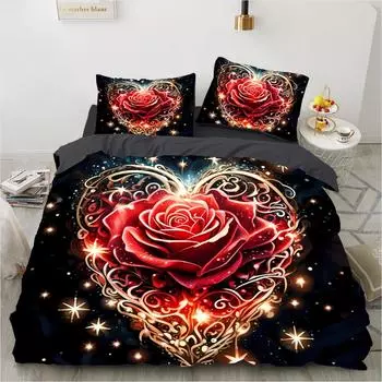 Главная Роза 3D Печатный Узор 3 шт Одинарное Двуспальное Одеяло Наволочка Постельное Белье Комплект DE 135x200cm