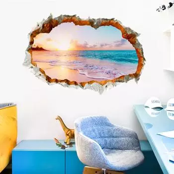 Главная Съемная стена Залатанная спальня Гостиная Стена Брешеный Пляж Море Вид Ложное окно Сцены Фреска 40x 60cm