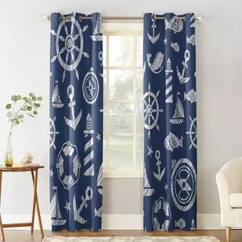 Главная Шторы Синий Якорь Лодка Рыба Спальня Кухня Шторы Гостиная Украшения Элементы Оконные Шторы для Гостиной 135W x 60H(cm)
