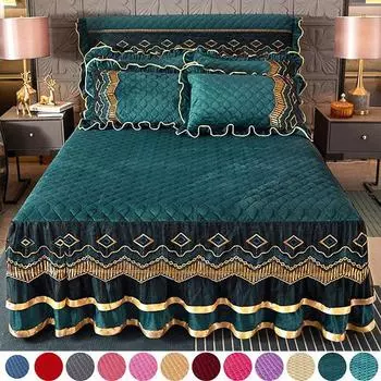 Главная Спальня Принцесса Кружево Стеганое Покрывало Роскошное Покрывало Юбки Кружевное Покрывало Юбка Подкладка Утолщенная Юбка Простыня Королева Король Полный Размер 2pcs Pillowcase красный