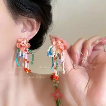 Glaze Little Flower Tassel Beaded Stud Earrings Female Fairy Holiday Mori Style Special Interest Earrings Suitable for Square and round Face Earrings Orange color