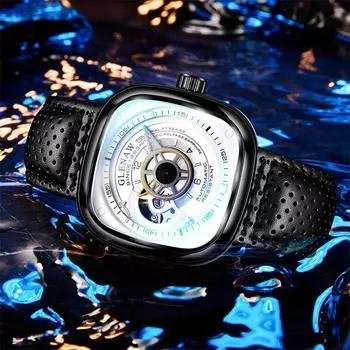 GLENAW дизайн механические часы для мужчин модные деловые кожаные автоматические часы высокого качества квадратные часы из нержавеющей стали + коробка