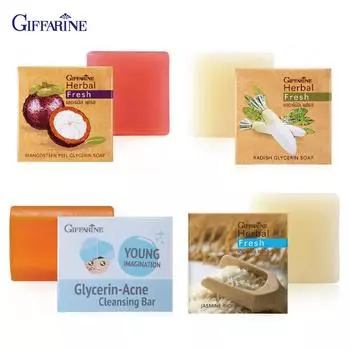 Глицериновое мыло Giffarine Herbal Fresh, кожура мангустина/редиса/акне/рис с жасмином, 100 г 54001-54004 80 g