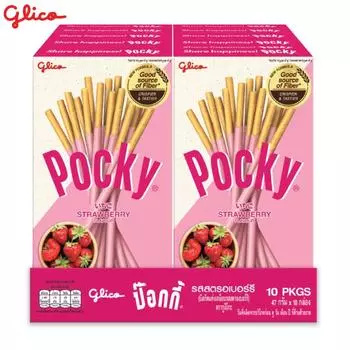 Glico Pocky со вкусом клубники, бисквитные палочки, покрытые кондитерскими изделиями со вкусом клубники, 49 г x 10 шт - Thai Snack 49 g x 10 pcs