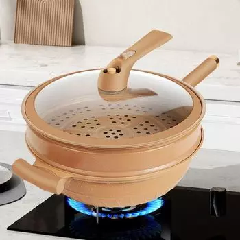 Глиняная сковорода Wok с антипригарным покрытием и корзиной для варки на пару Глиняная сковорода Wok с микродавлением Многофункциональная бытовая сковорода с антипригарным покрытием Индукционная