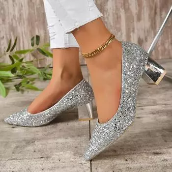 Glitter crystal shoes sequined high heels women s 2024 new pointed plus size socialite silver pregnant woman bride wedding shoes 35 золотой